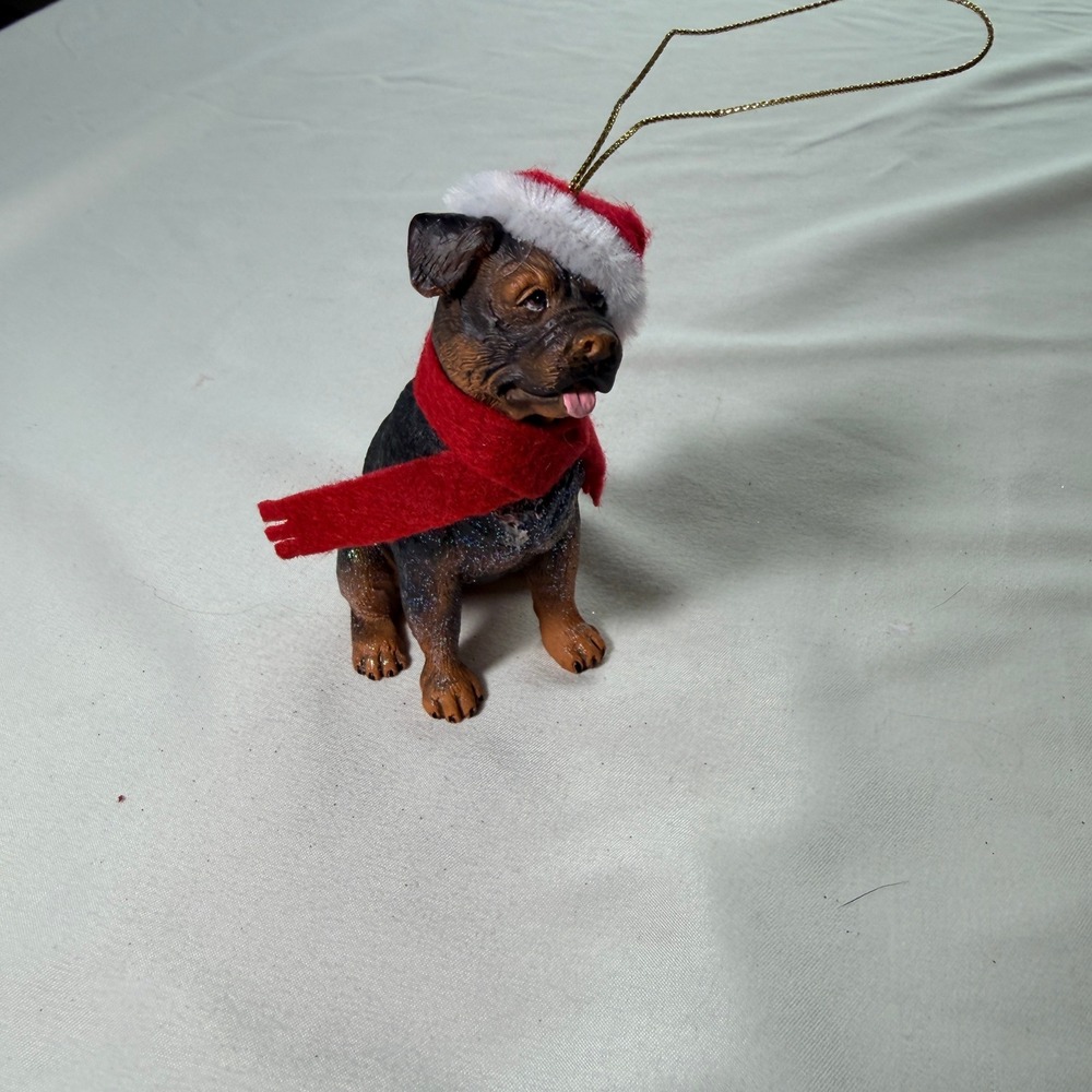 Rottweiler Puppy Christmas Ornament Santa Hat Red Scarf Resin Figurine